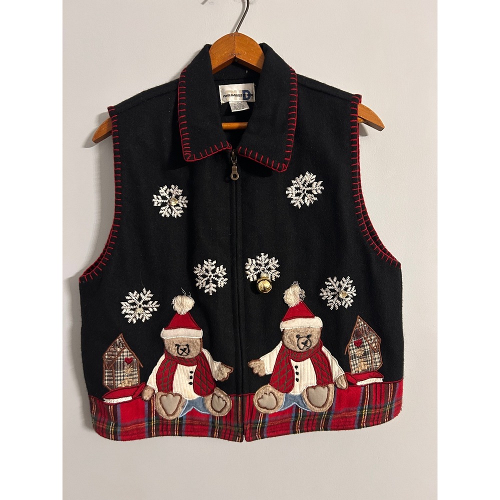 Paul Harris Design Vintage Christmas Teddy Bear Wool Blend Vest Black Medium